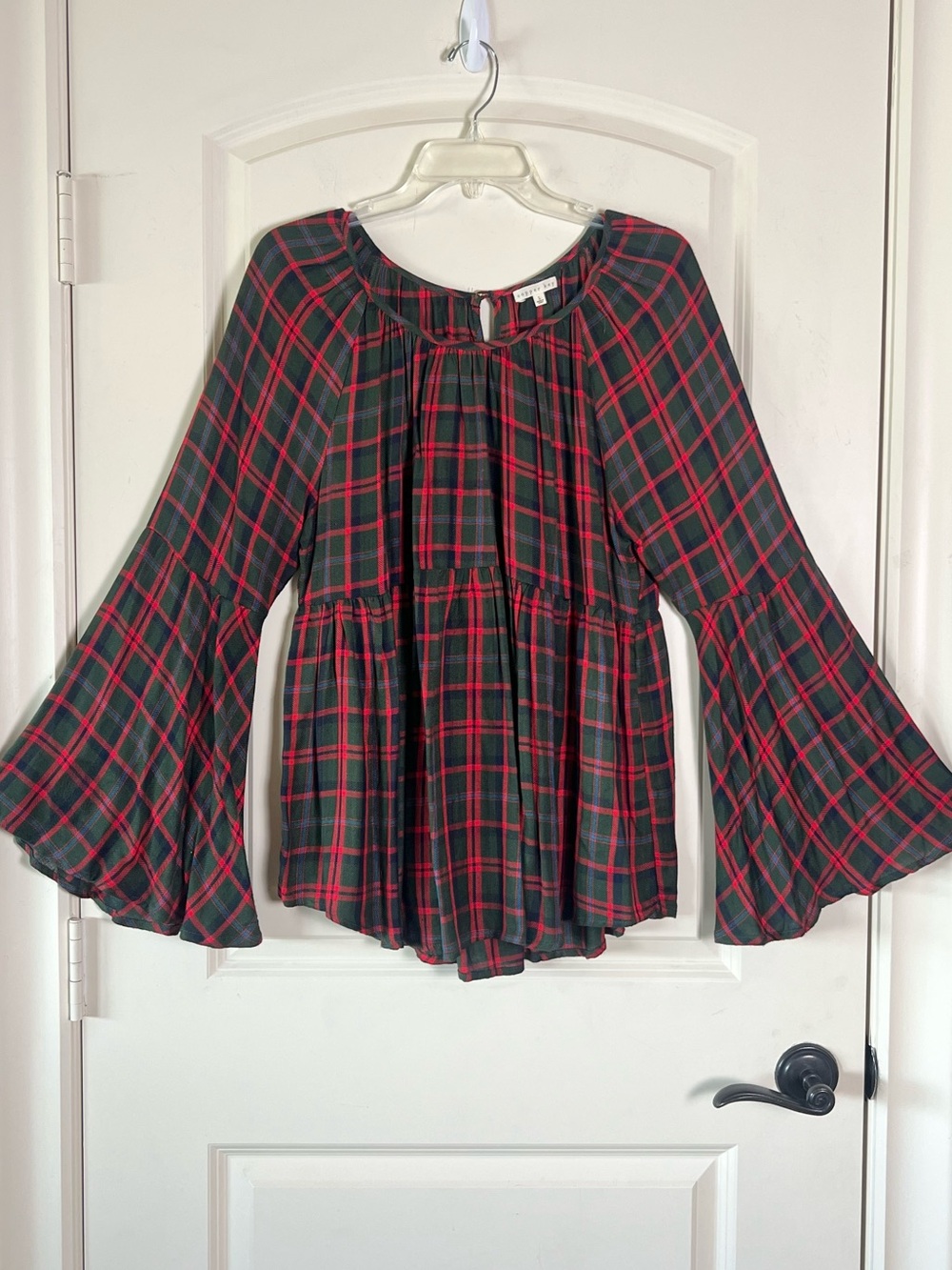 Copper Key Plaid Babydoll Blouse Bell Sleeve Old Money Preppy Green and Red L